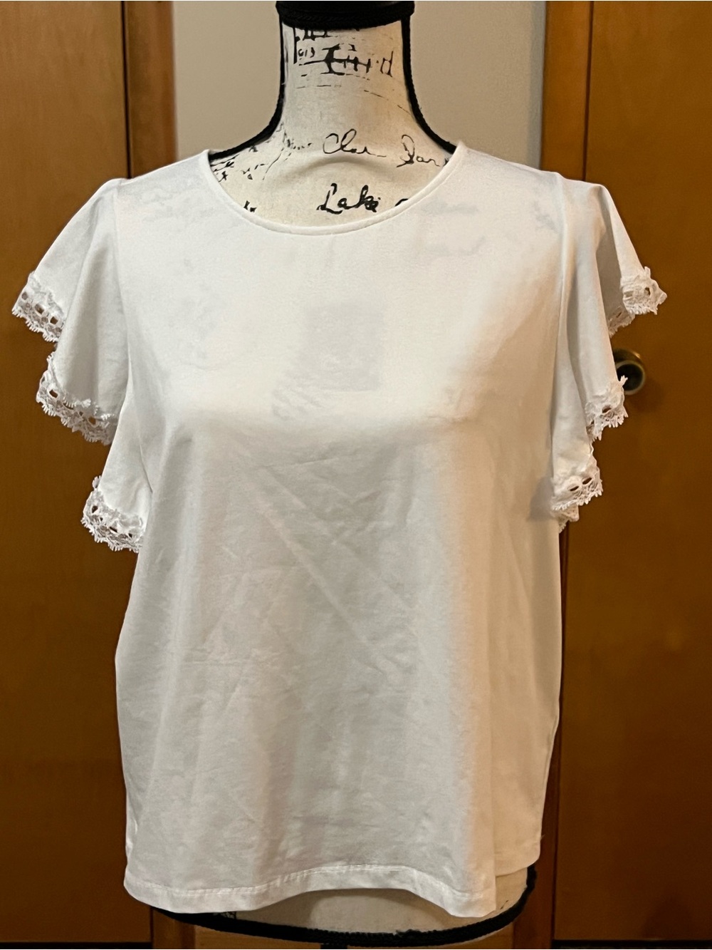 Molly Bracken White Lace-Trim Flutter Sleeve Tee